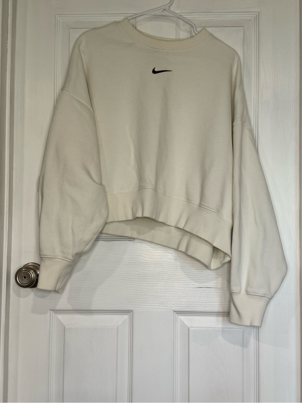 Nike Cream Cropped Crewneck Sweater with Black Swoosh